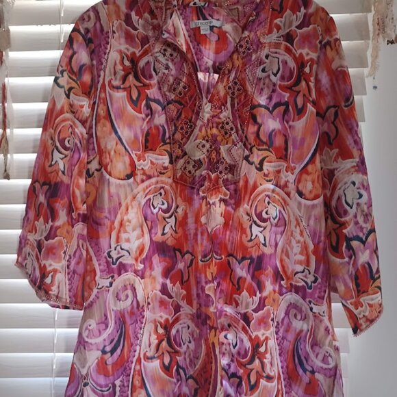 Chico’s Women’s 0 (US 4) Beaded Embellished Boho Tunic Top Paisley Multicolor - Picture 7 of 8